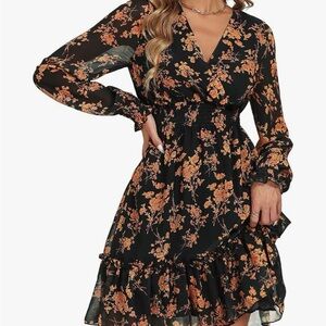 Chic Long Sleeve Floral Dress in Black and Orange